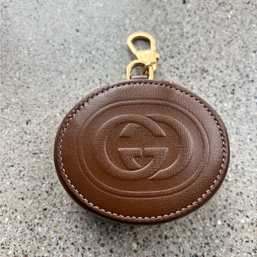 Gucci Brown Leather Coin Pouch Keychain with Gold Hardware